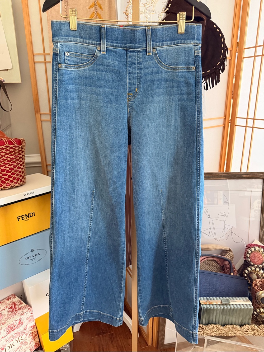 SPANX Petite Wide Leg Jeans Medium Wash M Petite High Rise Pull-On